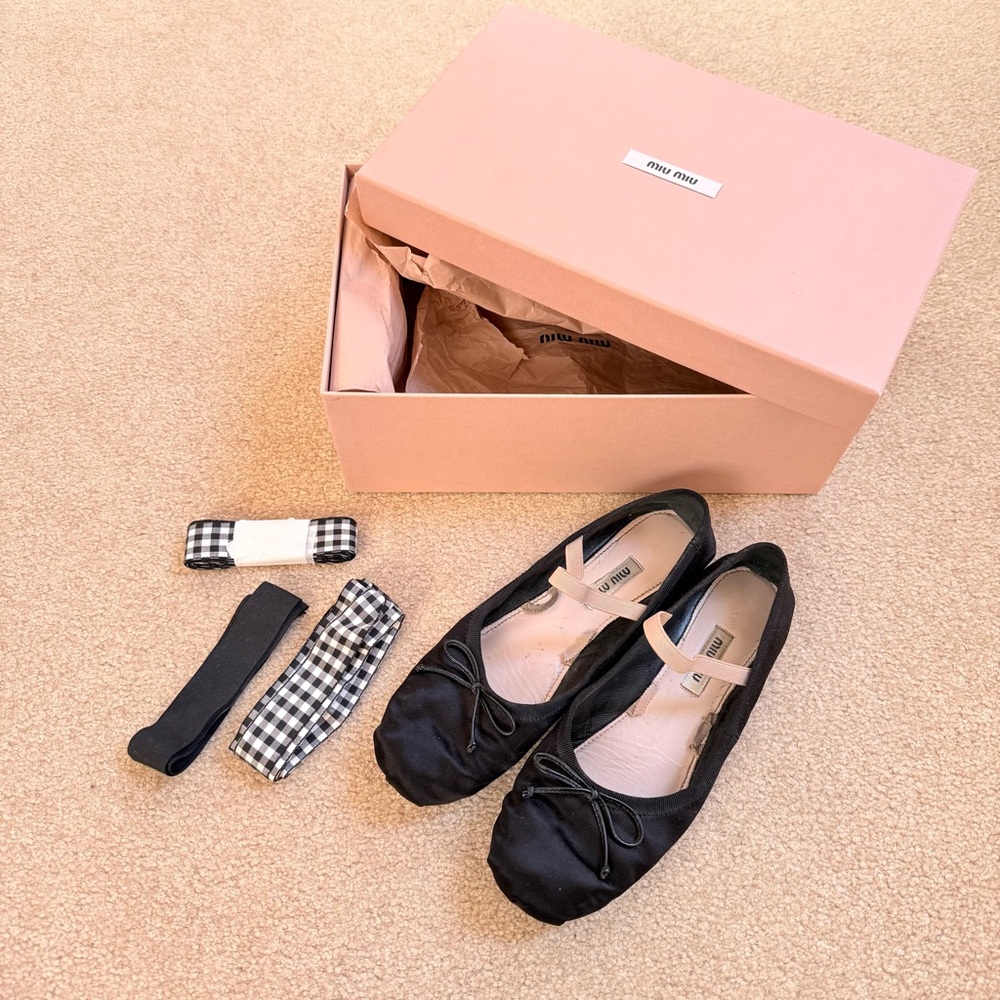 Miu Miu Black Satin Ballet Flats with Ankle Ribbons and Box